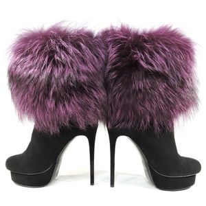 GIANMARCO LORENZI 🇮🇹 WOMEN'S BLACK SUEDE & FOX FUR FASHION BOOTIE